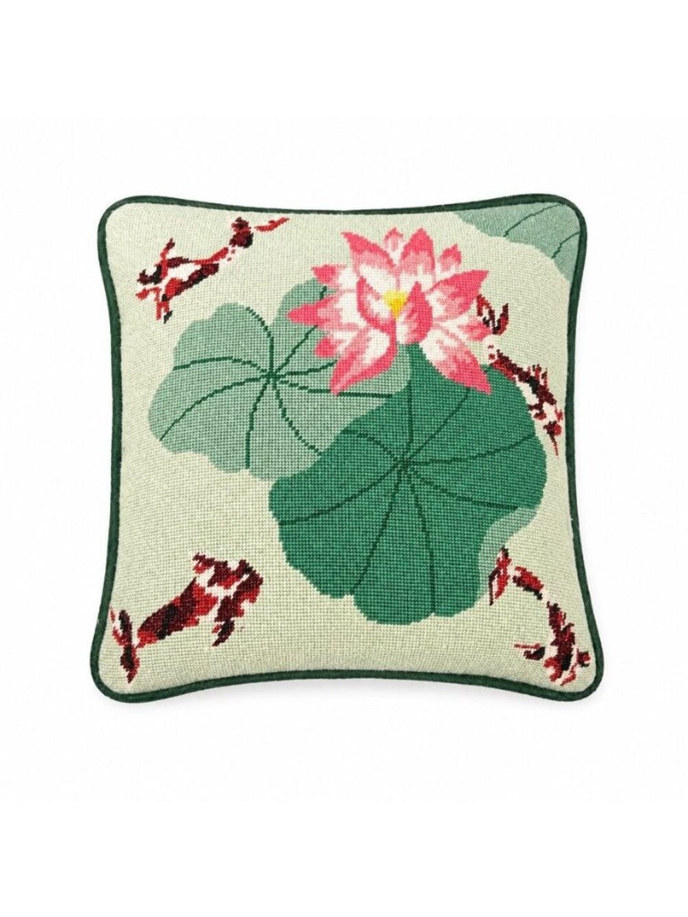 Needlepoint Pillow Lilly Pad Flower Koi Fish Handmade Traditional Coastal Grandm